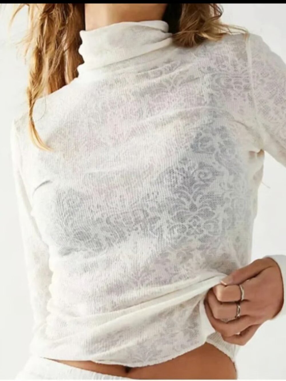 FREE PEOPLE INTIMATELY SEMI SHEER IVORY LONG SLEEVE TURTLENECK TOP NEW M